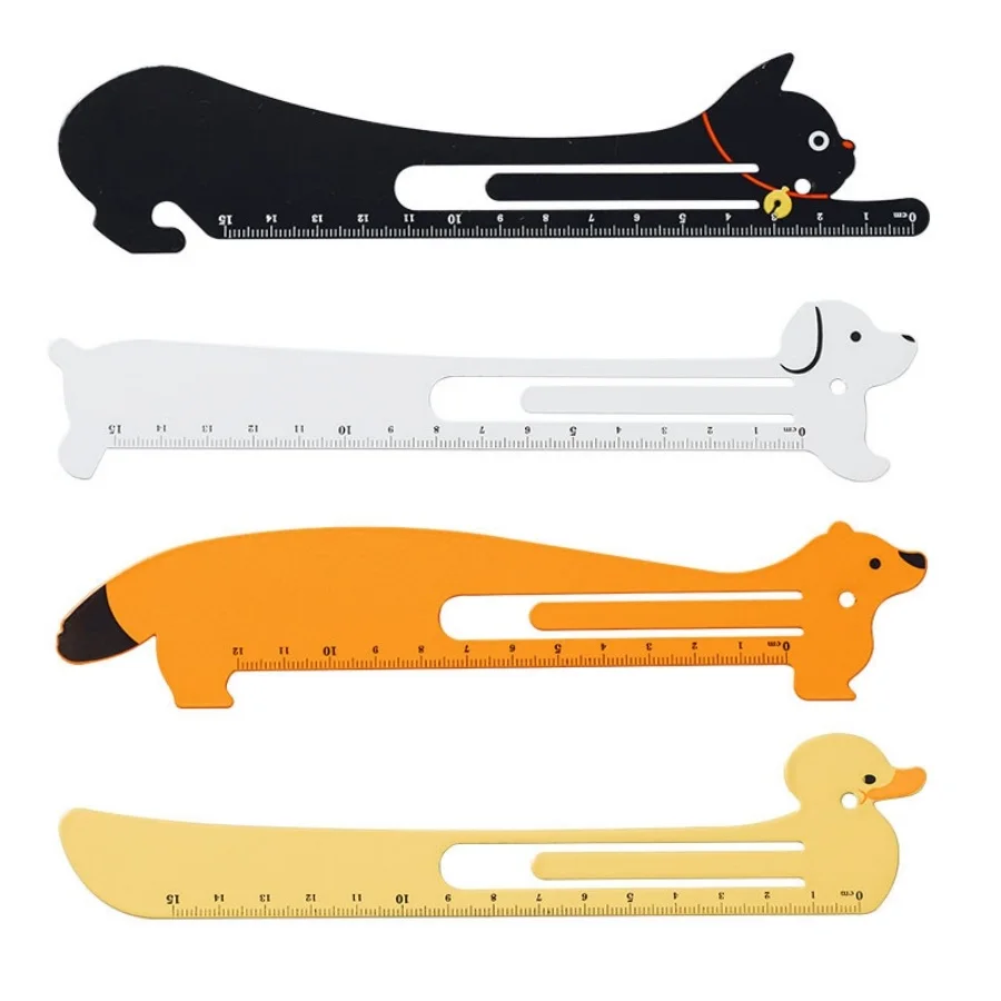 1PC 15cm Steel Bookmark Ruler Cartoon Animal Shaped - Cat Dog Duck Fox Metal Straight Ruler Dual-Purpose Bookmark A3398