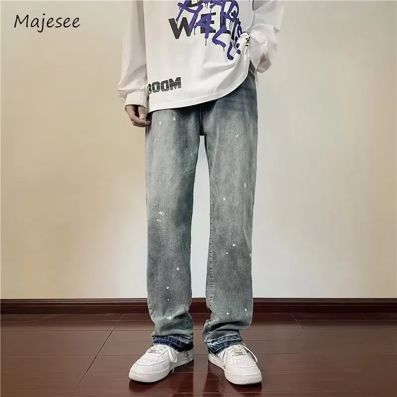 Jeans Men High Street Straight Loose Daily Autumn Casual Solid Color Splash Male European Style All-match Fashion Vintage Chic