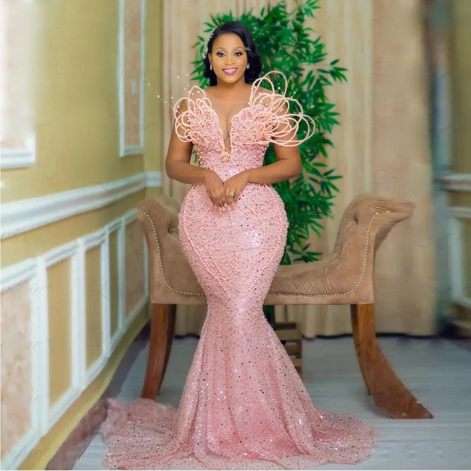 Elegant Pink Sequin Beaded Prom Dresses African Women 3D Pearls Plus Size Party Dress Aso Ebi Style Wedding Reception Gowns 2024