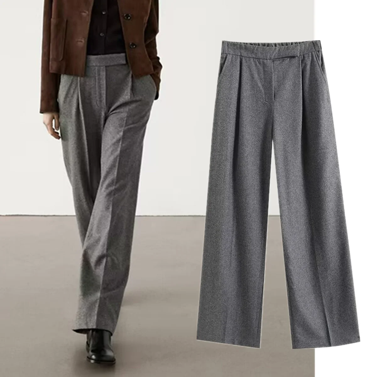 Dave&Di French Fashionable Women's Winter Wool Pants Suitable For Leisure Straight Pants Minimalist Office Lady Gray Long Pants