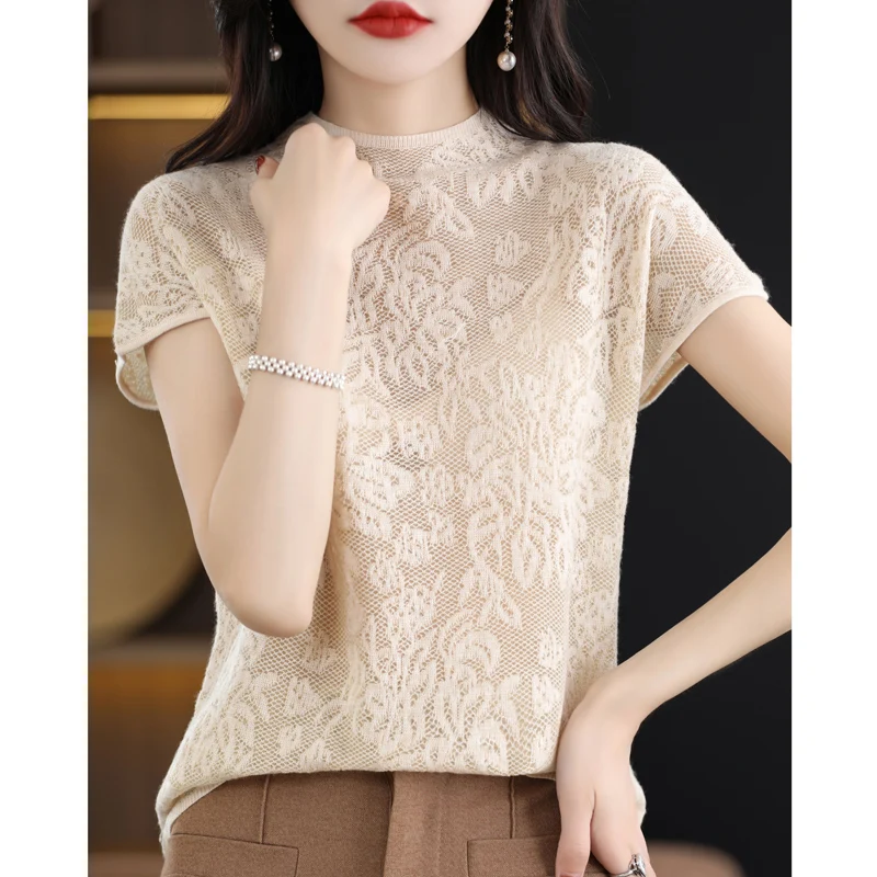 2023 Summer sexy Lace cashmere short sleeve women\'s thin breathable pullover cashmere fashion casual short sleeve