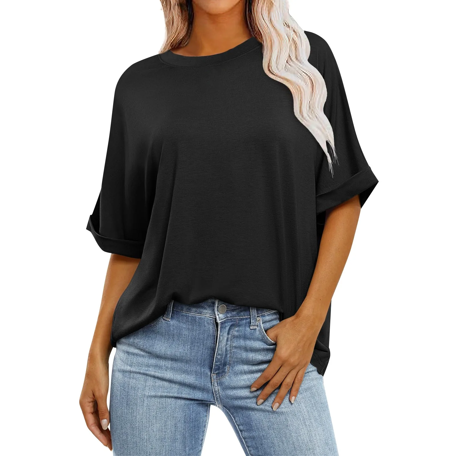 Girls’ Large Size Loose Solid Color Classic Style Round Neck Three Quarter Sleeved T-shirt Top Ice Silk And Comfortable T-shirt