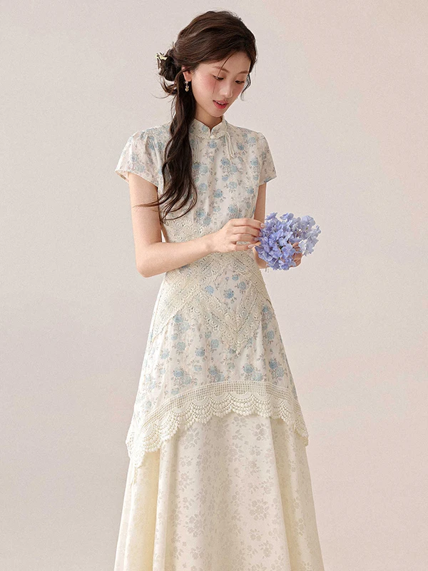 

New Chinese Sle Floral Print Long Dr Women's Daily Wear ort Sve Midi Dr Comfortable Breathable Polyester Fabric