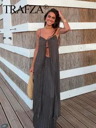 TRAFZA 2024 Summer Women Fashion Pleated Suits Linen Cotton Spaghetti Strap Long Dress + Simple Loose Female Long Skirt