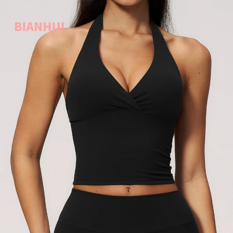 New Halter Neck Yoga Tank Top For Women With Chest Pads V Slimming Breathable Shock Proof Fitness Sports Bra Push Up Tops
