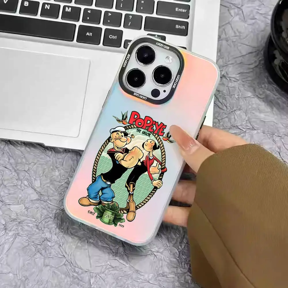 1pc Cute Cartoon P-Popeye Phone Case Laser IMD Color Silver Shell For IPhone 17 16 15 14 13 12 11 Air Pro Max Plus