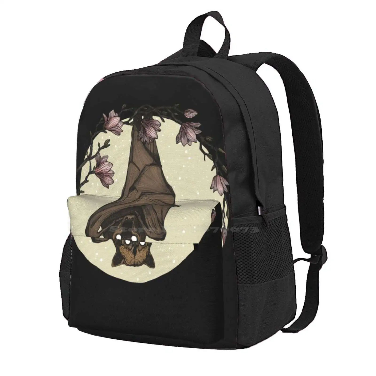 Bat Crazy Hot Sale Schoolbag Backpack Fashion Bags Flying Fox Animal Spooky Ink Black White Sketch Creepy Wildlife Creature