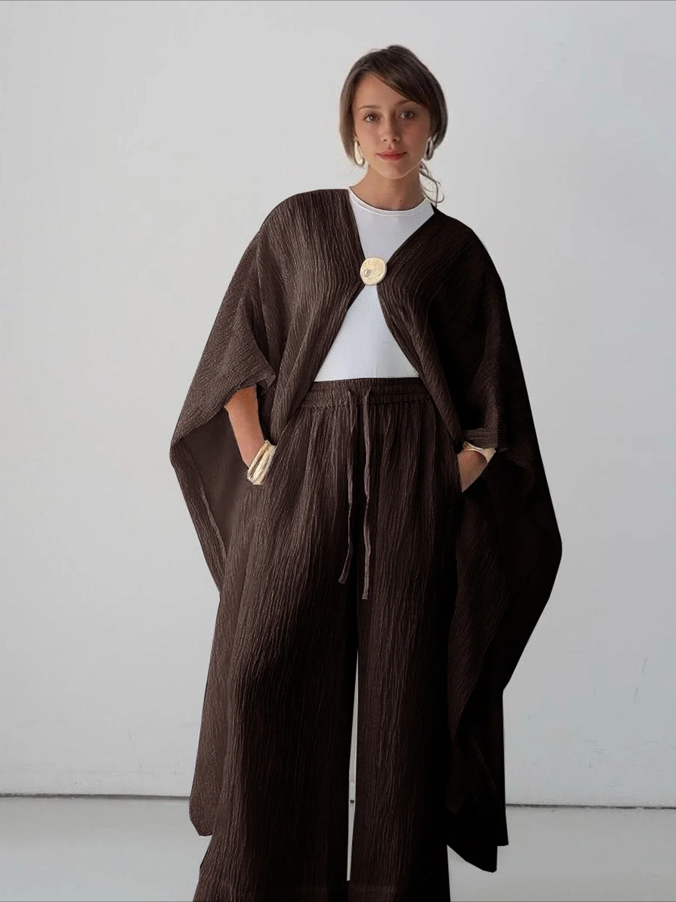 

Muslim 2 Piece Set Women Abaya Cardigan With Wide Leg Pants Suit Morocco Musulman Ensemble Dubai Casual Femme Arabic Outfits