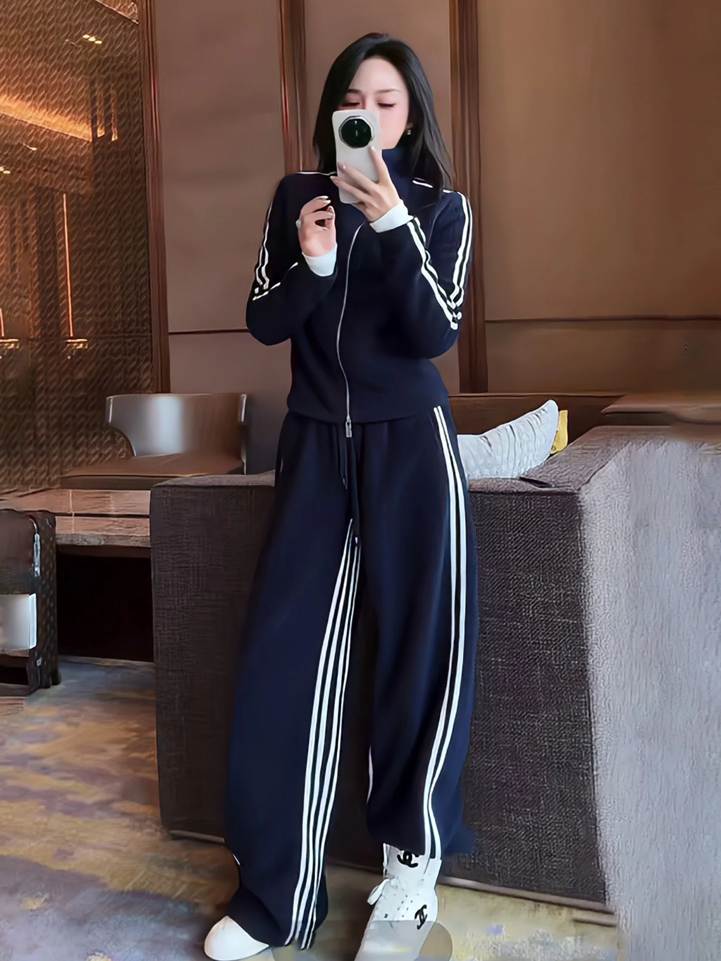

Fashionable Sportswear Set Women's Spring Casual Wide Leg Pants Two Piece Set Brand Comfortable High Waist Stand Collar Top