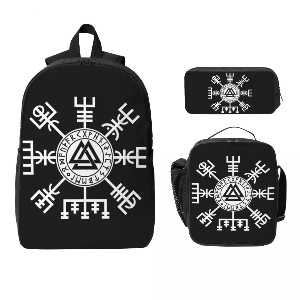 Viking Compass Vegvisir Valknut Symbol Runes Viking Backpack Boys Girls BookBag School Bag 3ps Insulated Lunch Bag Pencil Case