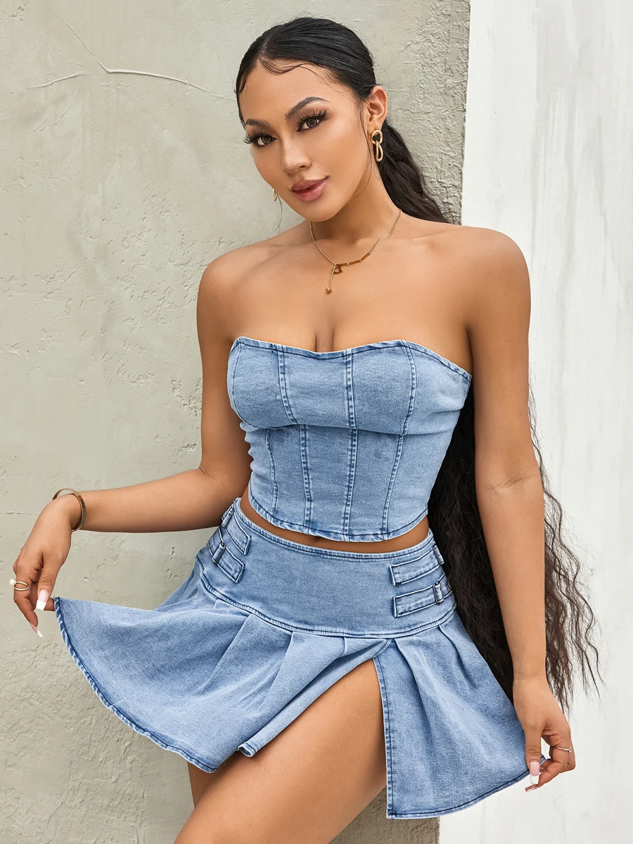 wsevypo Retro Blue Denim Two-Piece Skirt Suits Summer Off-Shoulder Bandeau Corset Crop Tops+High Waist Mini Pleated Skirts Sets