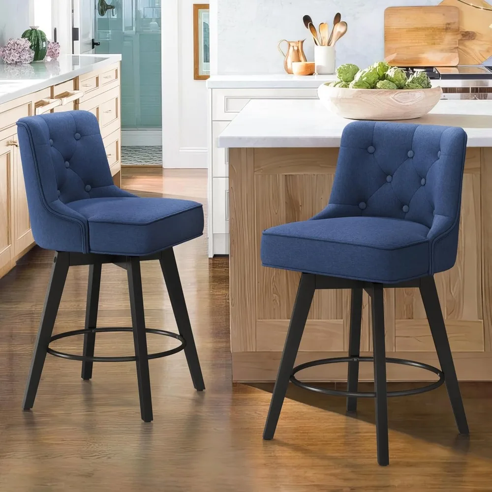 

26" Swivel Counter Height Bar Stools Set of 2, Modern Bar Stools with Back and Metal Round Footrest, Solid Wood Legs, Linen Fabr