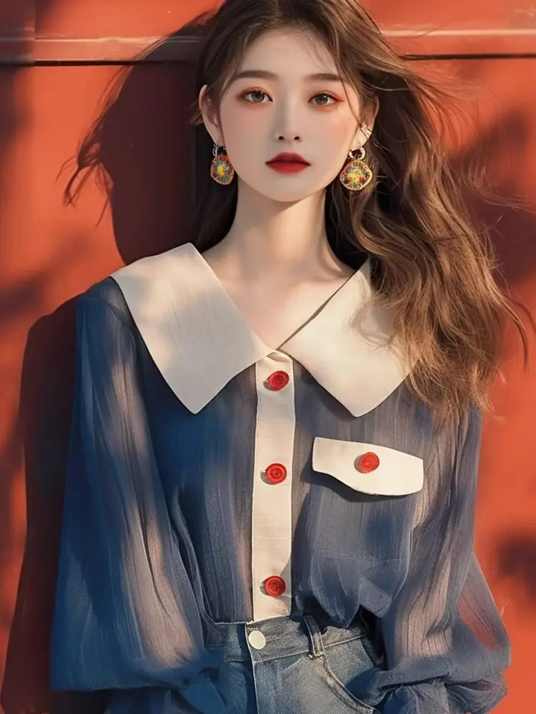 เสื้อชีฟองแขนยาวทรงโคมไฟสไตล์เรโทรสำหรับผู้หญิง เสื้อทำงานลำลองทรงโอเวอร์ไซส์