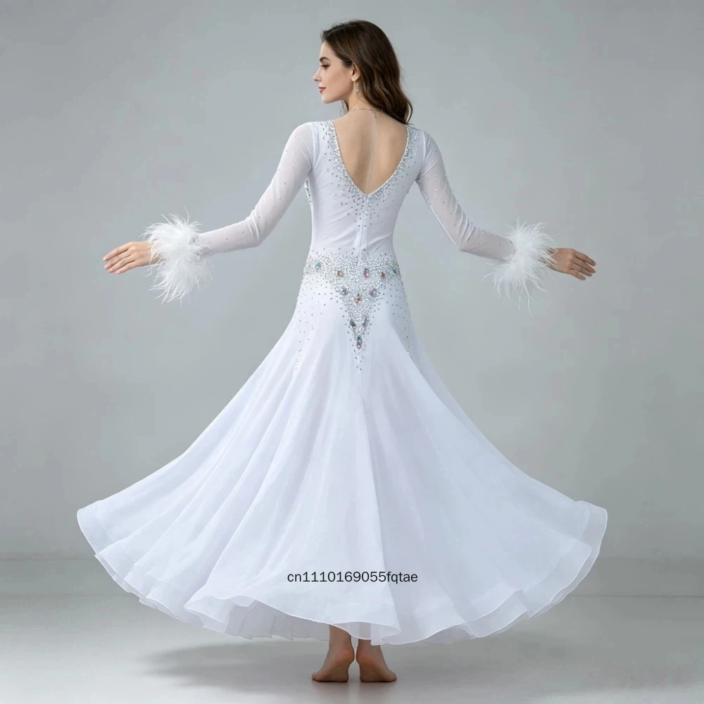 Custom Ostrich Feather Modern Dance Dress Large Swing Skirt Standard Waltz Foxtrot Ballroom Dance Competition Costume For Women