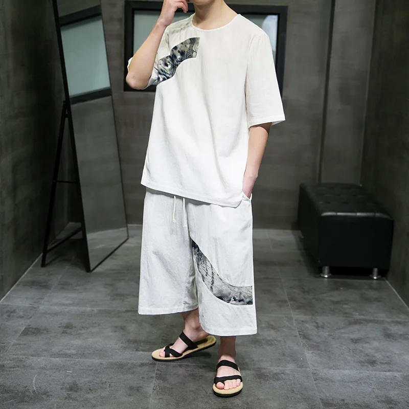 2022 Summer Thin Section Cotton And Linen Patchwork Short Sleeve Cropped Pants Chinese Style Plus Size Suit Hanfu Men Clothing