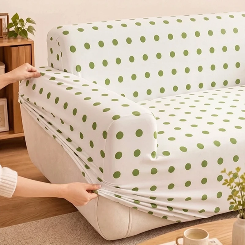1/2/3Seaters Polka Dot Cooling Ice Silk Sofa Cover Stretch Dust-proof Couch Covers Furniture Protection Slipcover All-Season Use