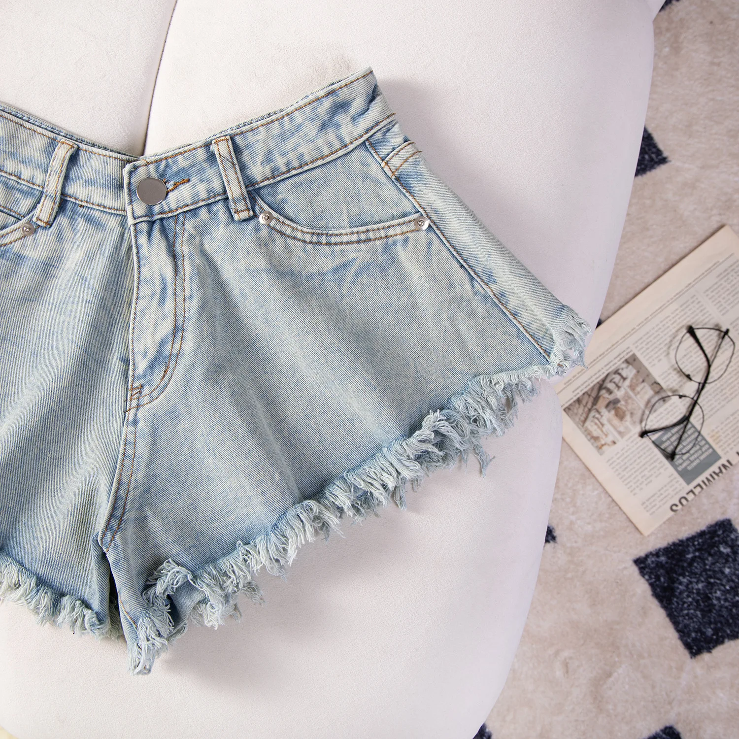 

2026 Summer New A-line Umbrella Denim Shorts Women's Ripped High Waist Loose Fringe Jeans Short Femme