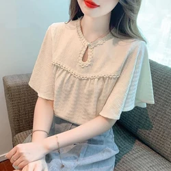 Sweet O-Neck Hollow Out Spliced Folds Butterfly Sleeve Blouses Female Clothing 2024 Summer New Loose Chic Tops All-match Shirts