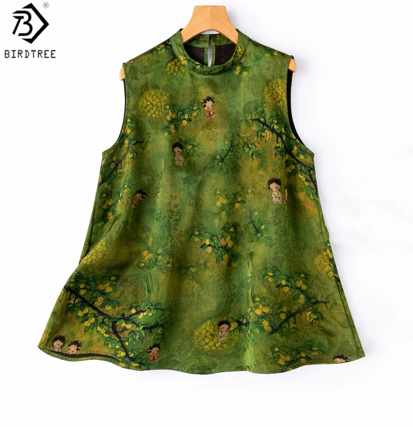 Birdtree, 100% Real Silk Jacquard Satin Tshirt, Stand Collar Tops, Women Floral Luo Xiangyunsha Shirt, 2026 Autumn New T68312JF