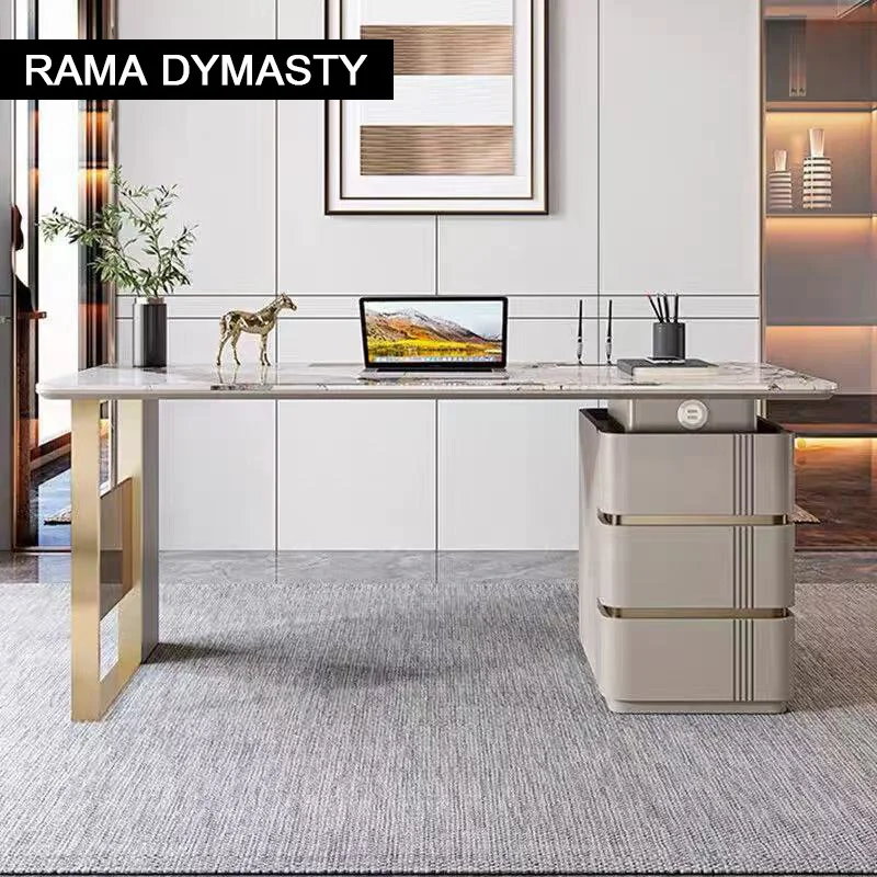 

Modern Beige Desk 3-Drawers Sintered Stone Home Office Desk Double Pedestal