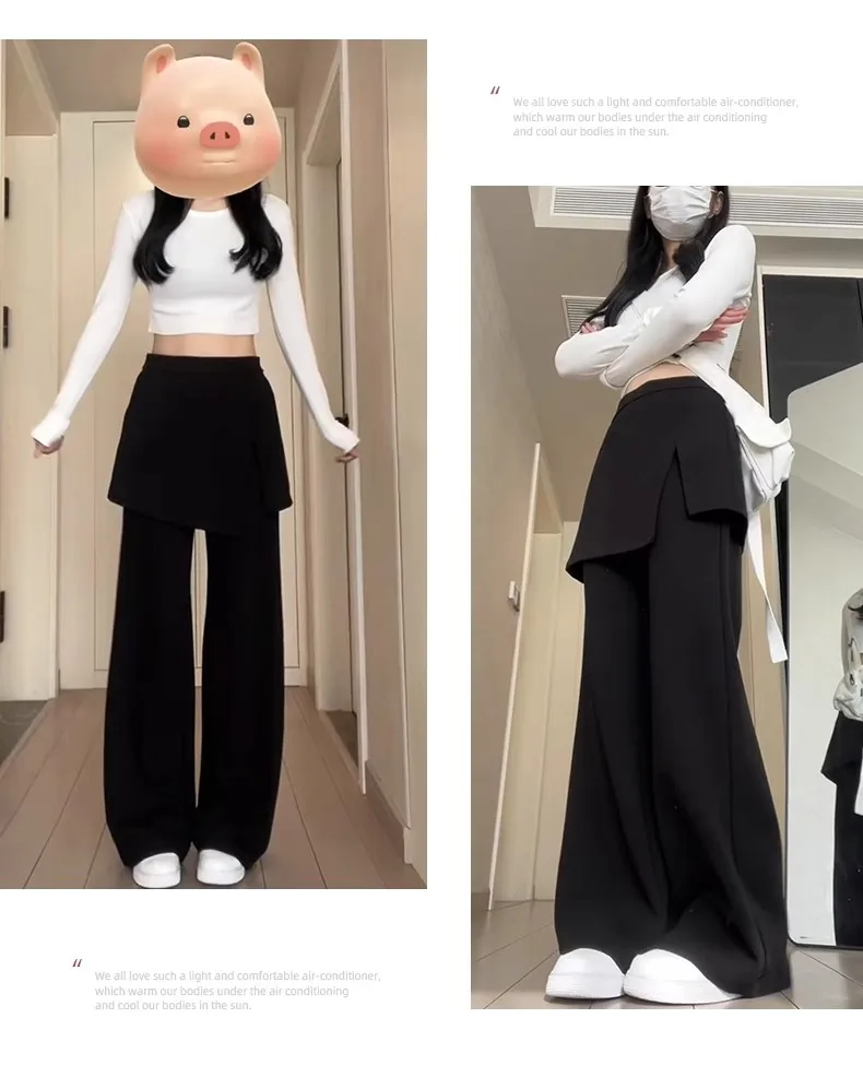 Retro Fake Two Pieces Spliced Side-slit Grey Sport Pants Women Spring Summer Solid Color High-waist Casual Elsdtic Flare Pants