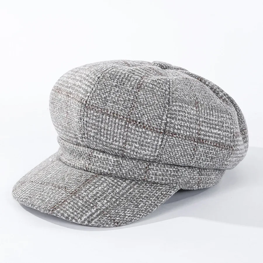 Vintage achteckige Baskenmütze für Damen, Zeitungs jungen hut, lässige Woll imitation, Plaid, neue Mode, 2024 – Detail 2