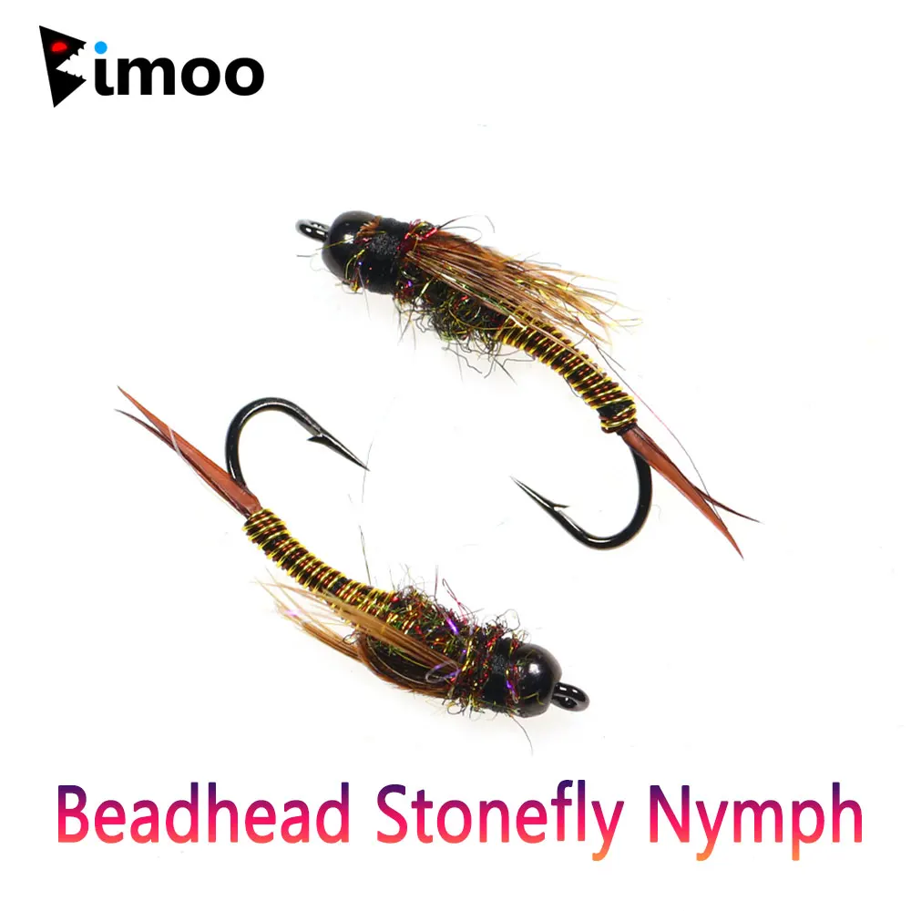 Bimoo #10 6PCS Brass Bead Head Fast Sinking Stonefly Nymph Brown Hackle Copper Wire Wet Nymph Fly For Trout Fishing Lures Baits