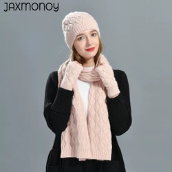 Winter Beanie Hat Scarf Set For Women Wool Blend Knitted Outdoor Warm Scarf Hat Gloves 3 Piece Set Beanies Hat With Real Fur