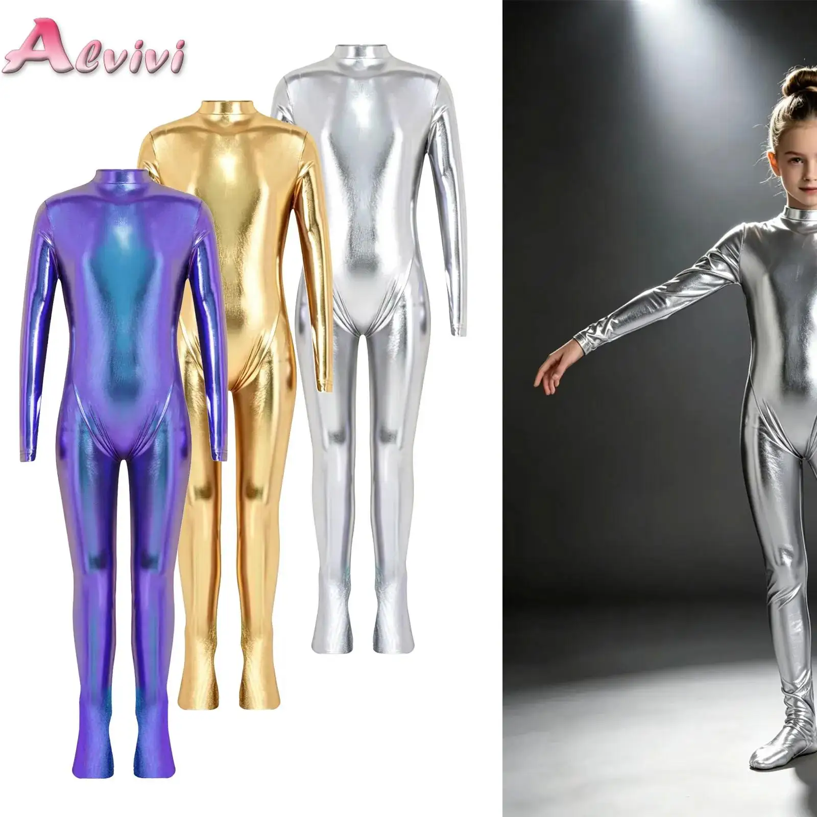 Kids Girls Metallic Unitard Footed Jumpsuit Long Sleeve Zipper Front Shiny Bodysuit for Stage Performance Practice Dancewear