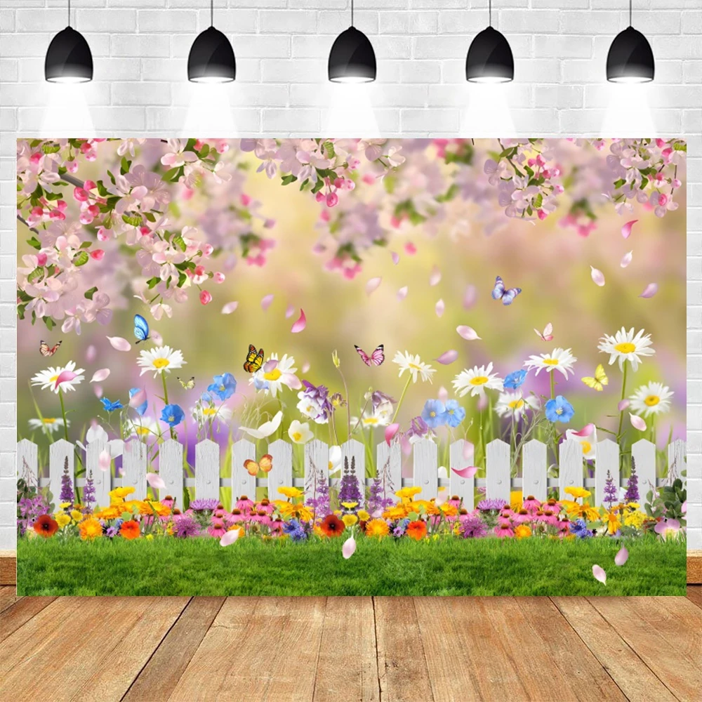 Natural Spring Garden Backdrops Flowers Butterfly Fence Background Photography Easter Party Decor Portrait Photographic Props