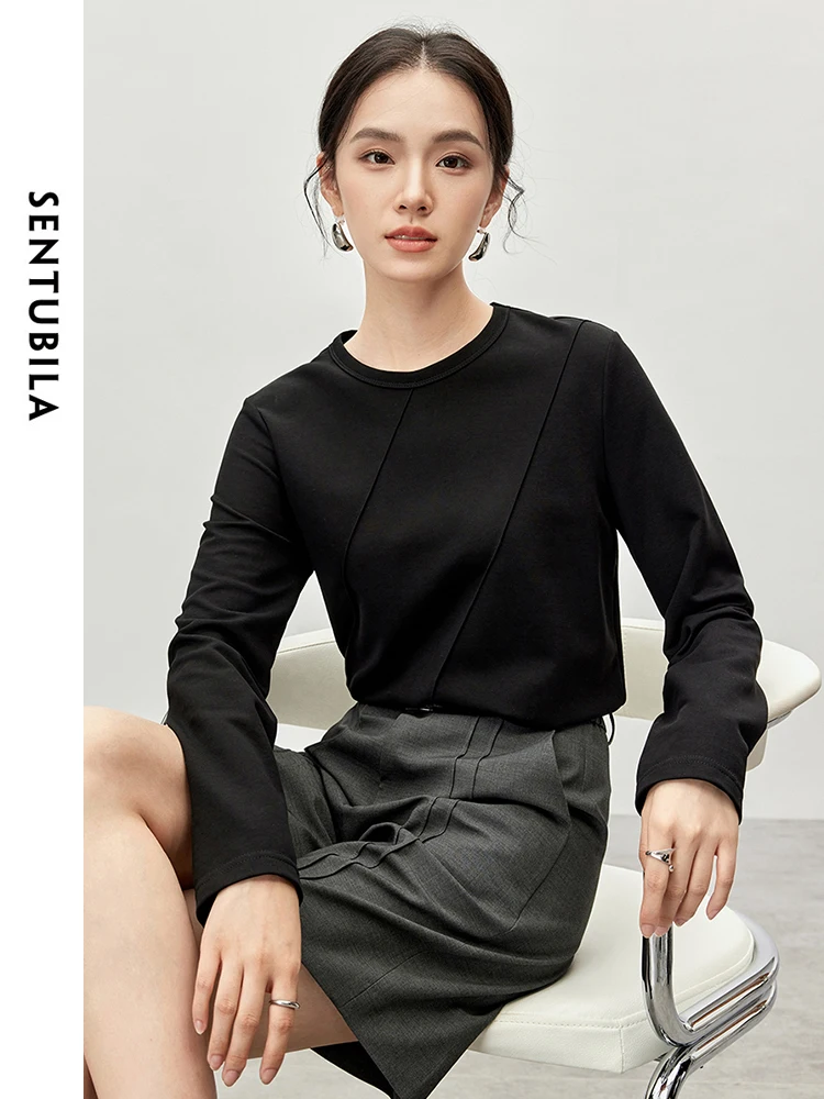 

SENTUBILA Cotton Black T-Shirt Women 2025 Autumn Casual Round-Neck Long Sleeve Tops Korean Style Women's Clothing 143T55922