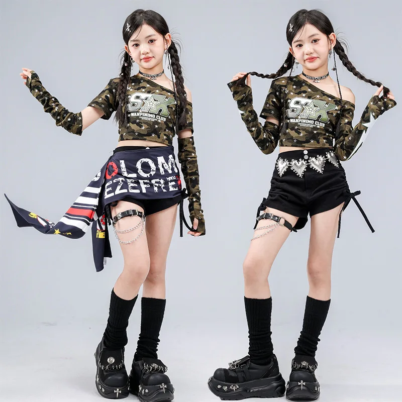 

Girls Jazz Dancing Costume Model Catwalk Cool Crop T Shirt Shorts Suit Fashion Street Dance Clothing Group Hip Hop Clothes Sets