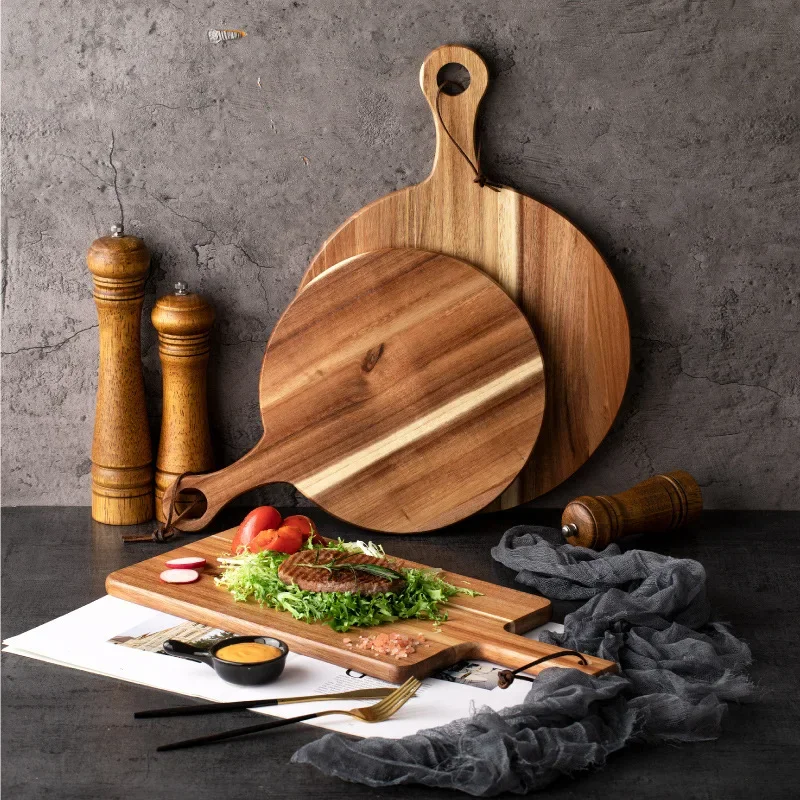 

Acacia Wood Cutting Board with Handle,Round Pizza Paddle Chopping Block,Cheese Fruit Vegetables Bread Charcuterie Holder