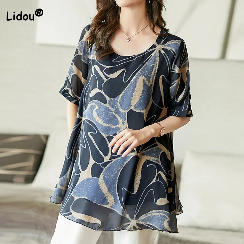 

Fashion Casual Printing Short Sleeve Chiffon T-shirt Women's Clothing 2023 Summer Commute All-match Round Neck Tops for Female