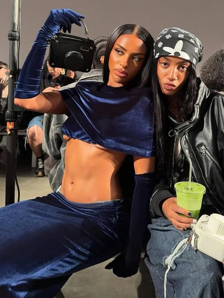 CNYISHE الدعاوى المخملية الصلبة النساء مجموعات سوبر بلوزات قصيرة 2 قطع موضة أنيقة مثير نادي غمد Oufits قفازات الإناث س الرقبة #4