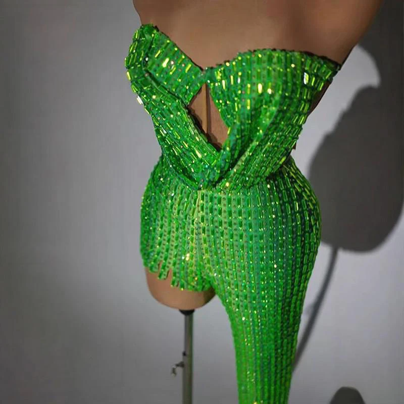 Sexy Gogo Dancer Clothing Green Off Shoulder Bodysuit Nightcluba Bar Dancewear Singer Stage Costume Dancehall Queen Outfit 2191