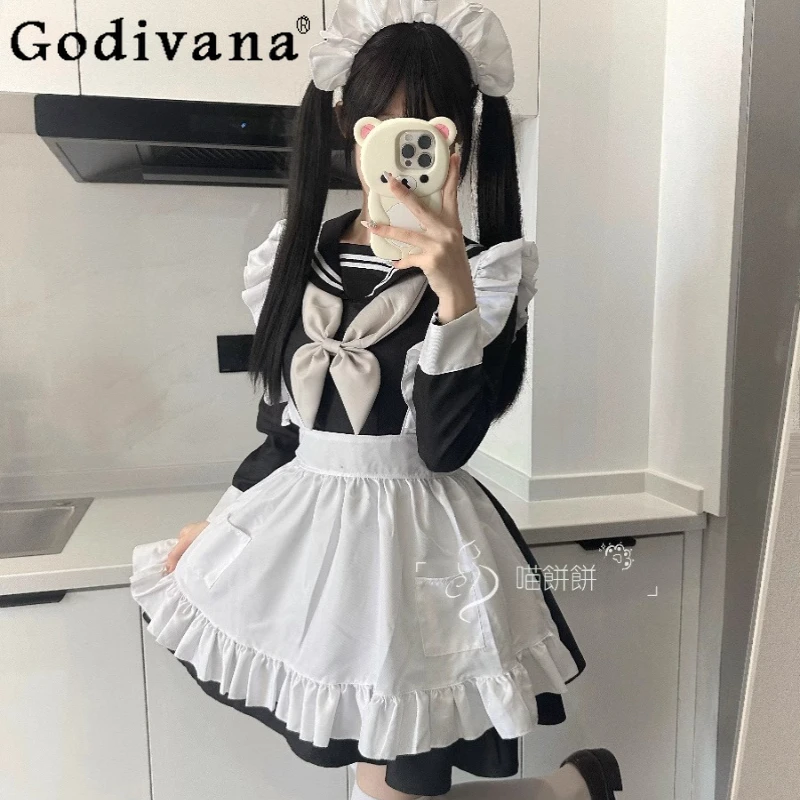 

L-5XL Large Size Japanese JK Sailor Uniform Cute Long Sleeve Lolita Dress Girl Black White Sweet A-line High Waist Short Dresses