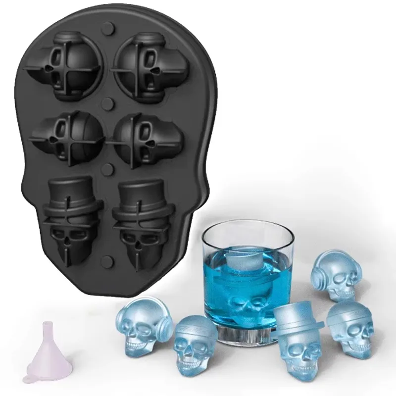 3D skull-shaped ice mold for whiskey trays with silicone mold without spill cover