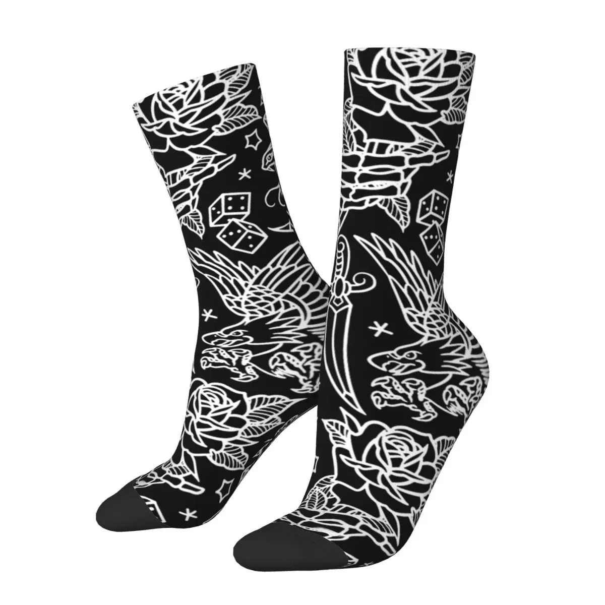 American Traditional Flash Print Tattoo Socks Black and White Leisure Stockings Winter Anti Skid Women Men Socks Running Socks