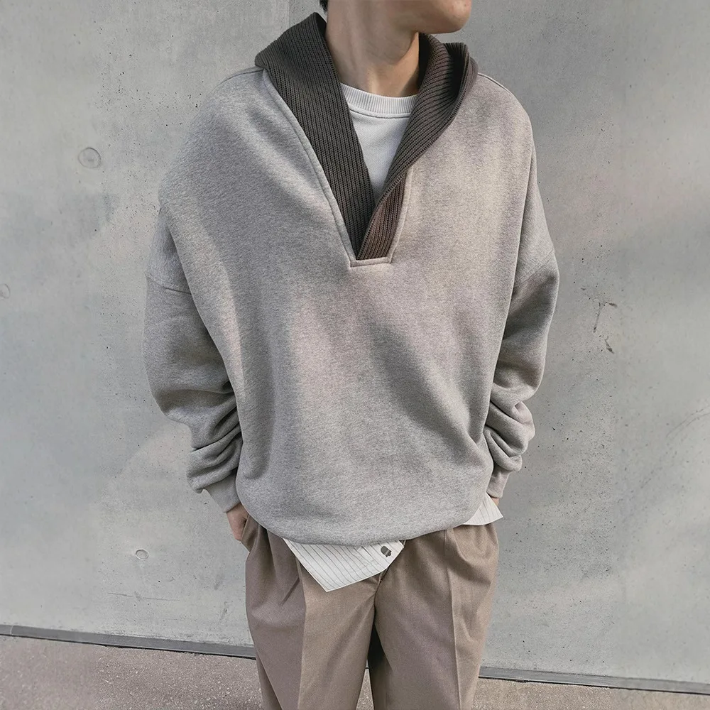 

Gray Sweater Men's Hooded Spring and Autumn Wool Splicing Design Sense Niche Loose Casual Jacket
