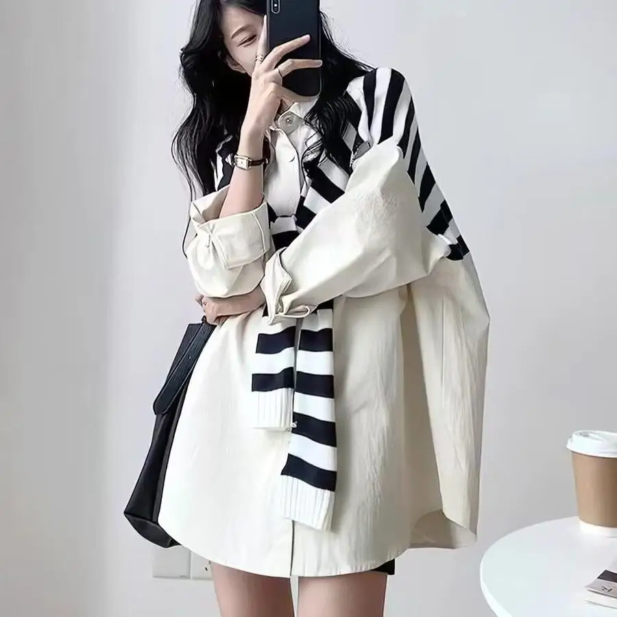 

plus Size 300 Pou Fat MM Fake Two-Piece oulder irt Women's Loose Lazy Sle Spring Commute Korean Version Long Sve