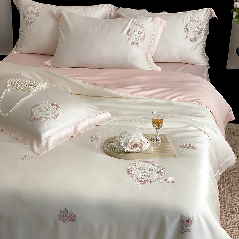 4Pcs Vintage Rose Flowers Embroidery Natural Lyocell Eucalyptus Fiber Bedding Set Duvet Cover Bed Sheet/Fitted Sheet Pillowcases