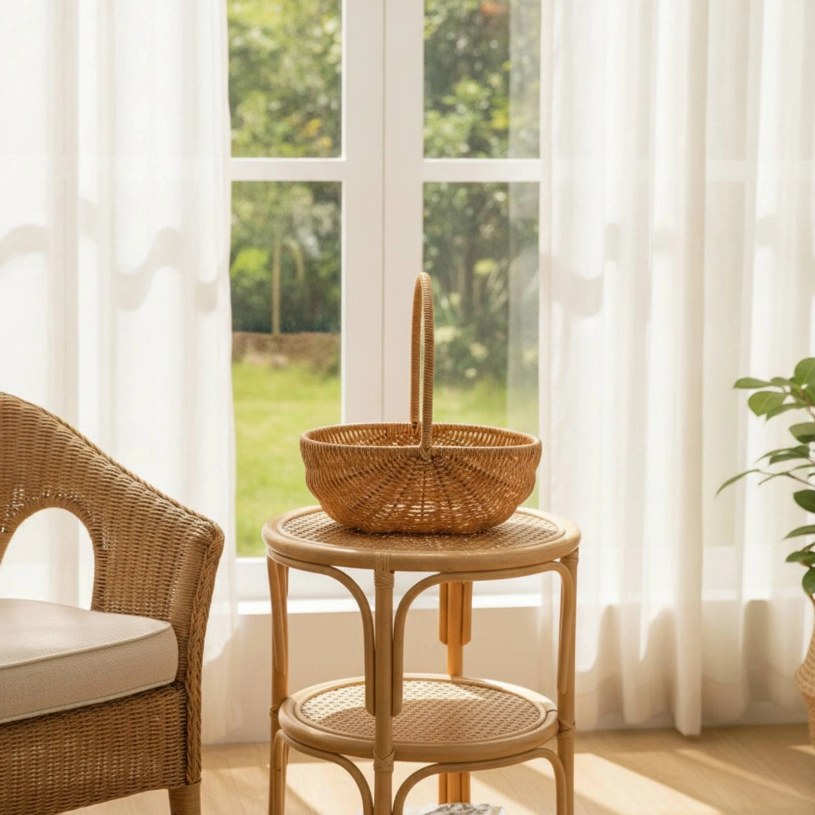 Woven Fruit Basket Handwoven Basket with Handle Open-Top Rustic for Kitchen Storage, Picnic
