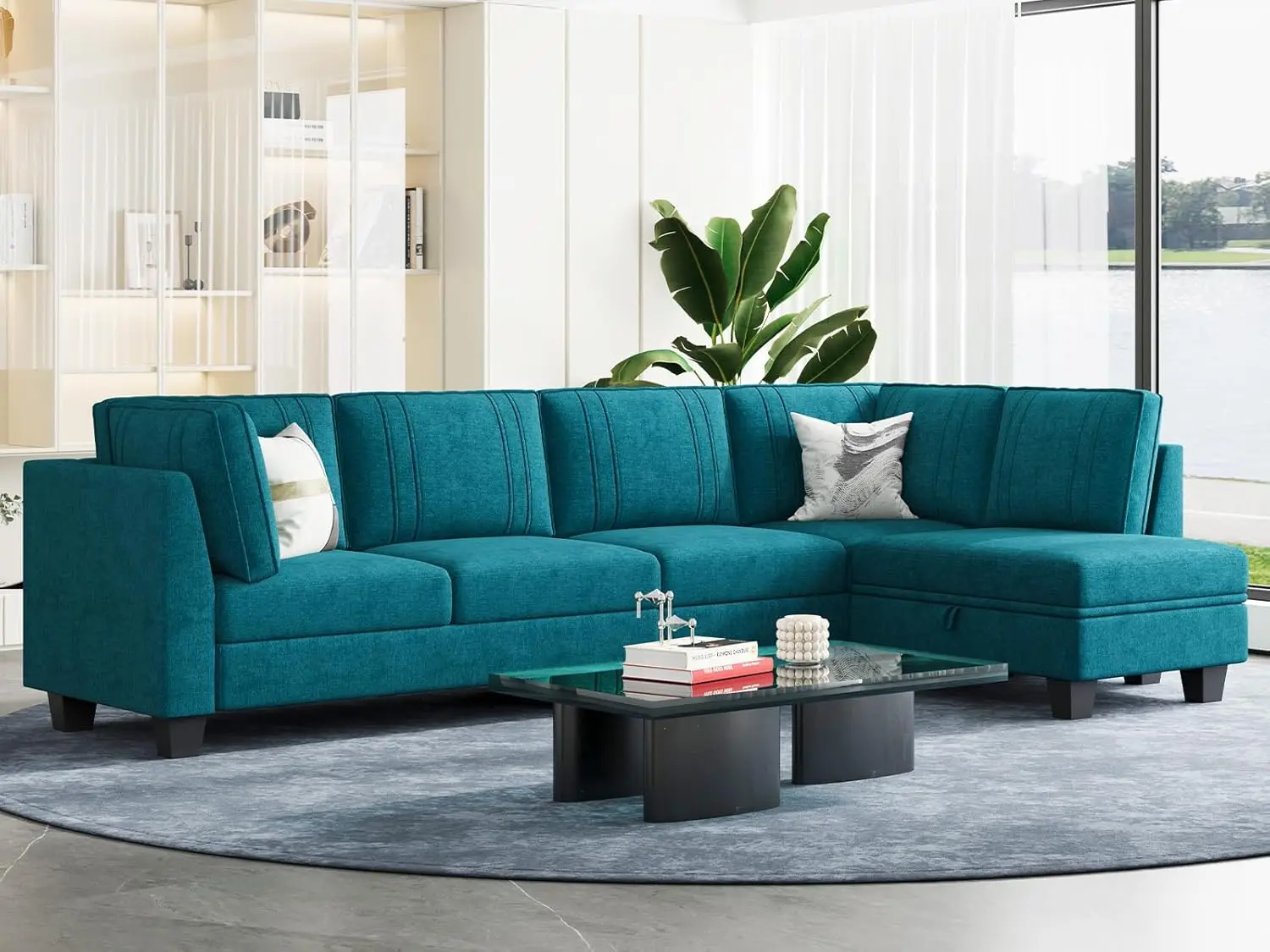 4 Seater Sectional Sofa with Reversible Chaise L Shaped Sofa Sectional Couch with Convertible Storage Ottomans Peacock Blue