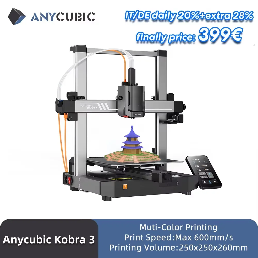 Многоцветный 3D-принтер ANYCUBIC Kobra 3 FDM, от 4 до 8 цветов, с максимальной скоростью печати 600 мм/с. Размер 250 мм x 250 мм x 260 мм.