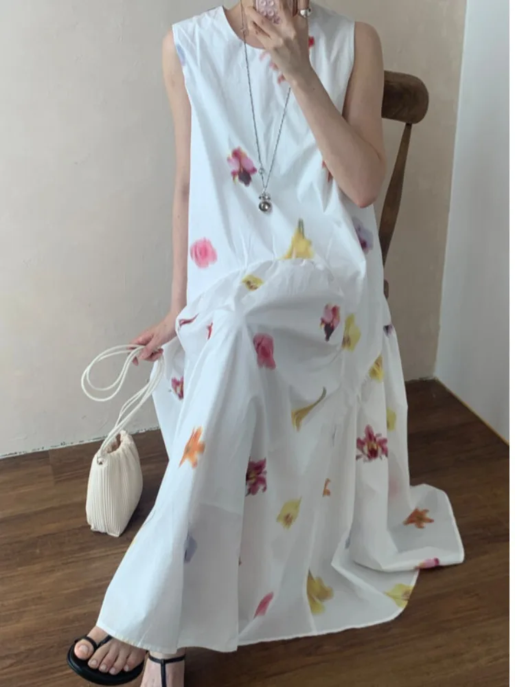 

Summer New Sle Women's Svel Vest Dr Vintage Loose Drifting Long Skirt Oil Painting Print Casual Commute Faion