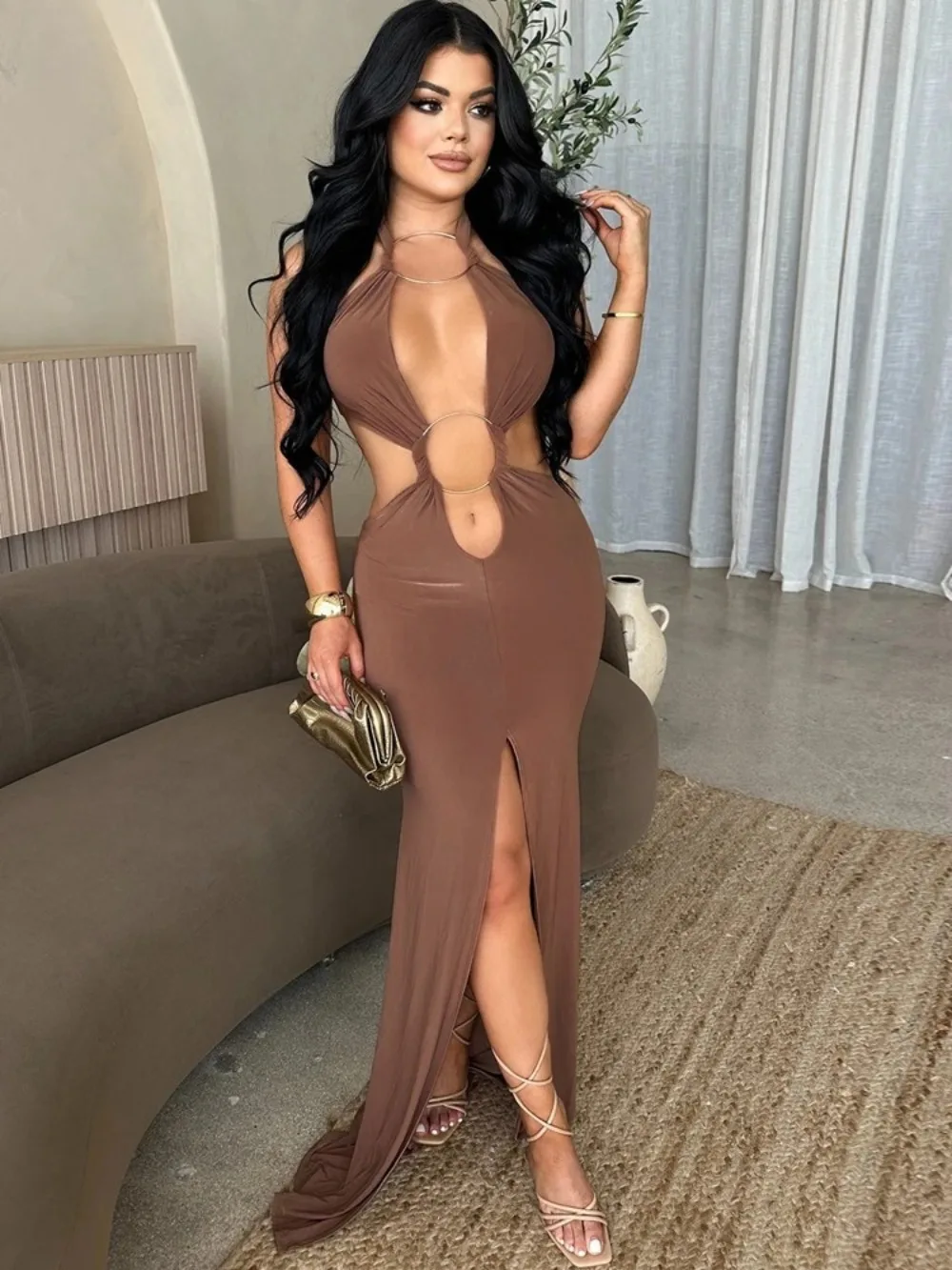 Sexy Cut-Out O-Rings Metal Ruched Maxi Dress Holiday Outfits Womens Lace-Up Bandage Party Dresses Night Out Vestidos