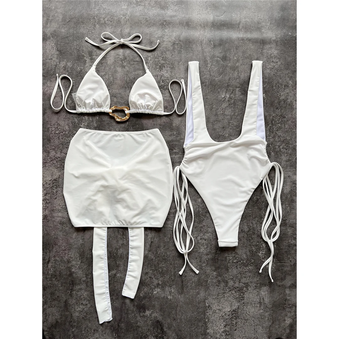 Mit Rock, Neckholder, Metallring, Bikini, Damen-Badebekleidung, dreiteiliges Bikini-Set, gepolsterter Badeanzug, Badeanzug, Schwimmbekleidung V7077 – Detail 4