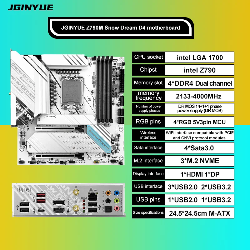 JGINYUE Z790M M-ATX Motherboard LGA 1700 Support Intel 12th/13th/14th CPU processor 4*​DDR4 RAM Z790M Snow Dream D4 For Desktop