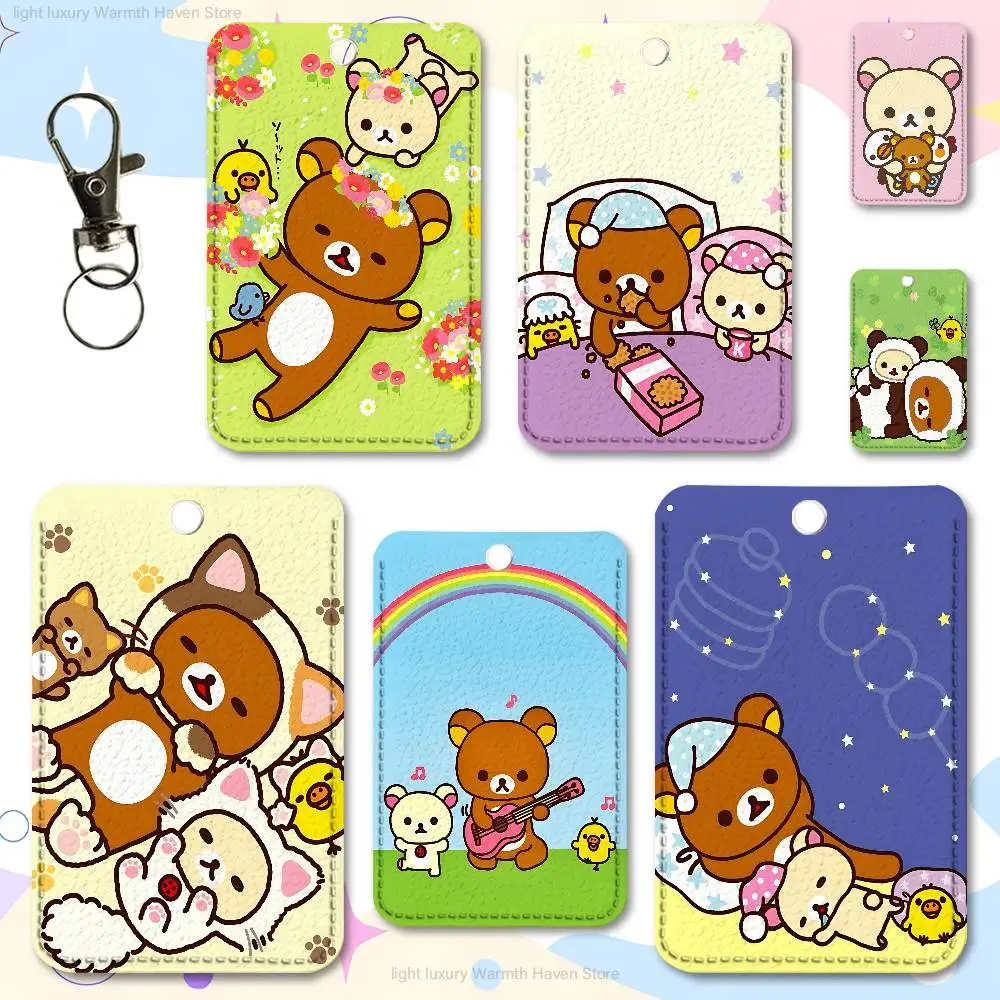 

Cute R-Rilakkumas-S Bear Key Tag Ring Leather Card Holder Key Ring Rectangle Access Card Holder